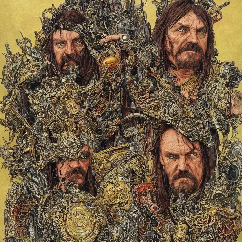 Image similar to A dramatic full-color art nouveau and tribal scandinavian styled bust panorama portrait of lemmy kilmister as a tarnished panzer tank ship god-king of the universe, hyperdetailed mixed media artwork combining the styles of Travis Charest, Michael Whelan, Bill Sienkiewicz, Duncan Fegredo, Simon Bisley, Alphons Mucha, Dave McKean and Karol Bak, vast power, stoicism, pessimism, confidence, perfectly symmetrical facial features, 8k, deeply hyperdetailed, cinematic lighting, realistic mechanical details, 8k, UHD, HDR