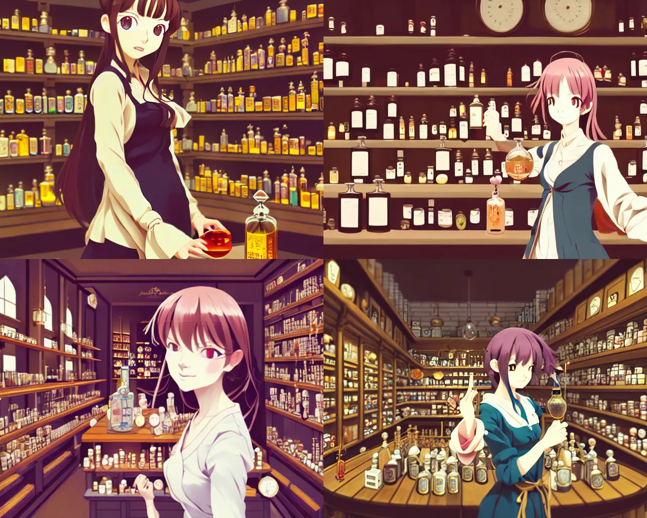 Prompt: lomography, portrait of a young woman in a alchemist's potion shop interior shopping, face by yoshinari yoh, dynamic pose and perspective, detailed facial features, curvilinear, kyoani, anime frames