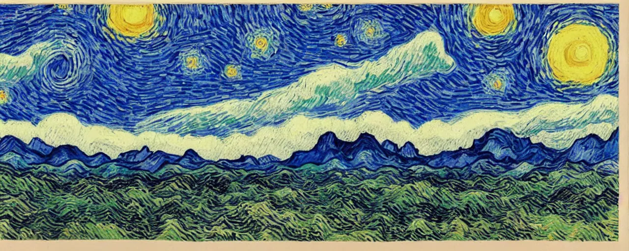 Image similar to landscape, mountain range in foreground, sky, style of Van Gogh starry night, atmospheric, small man in center standing on mountain, mist in valleys
