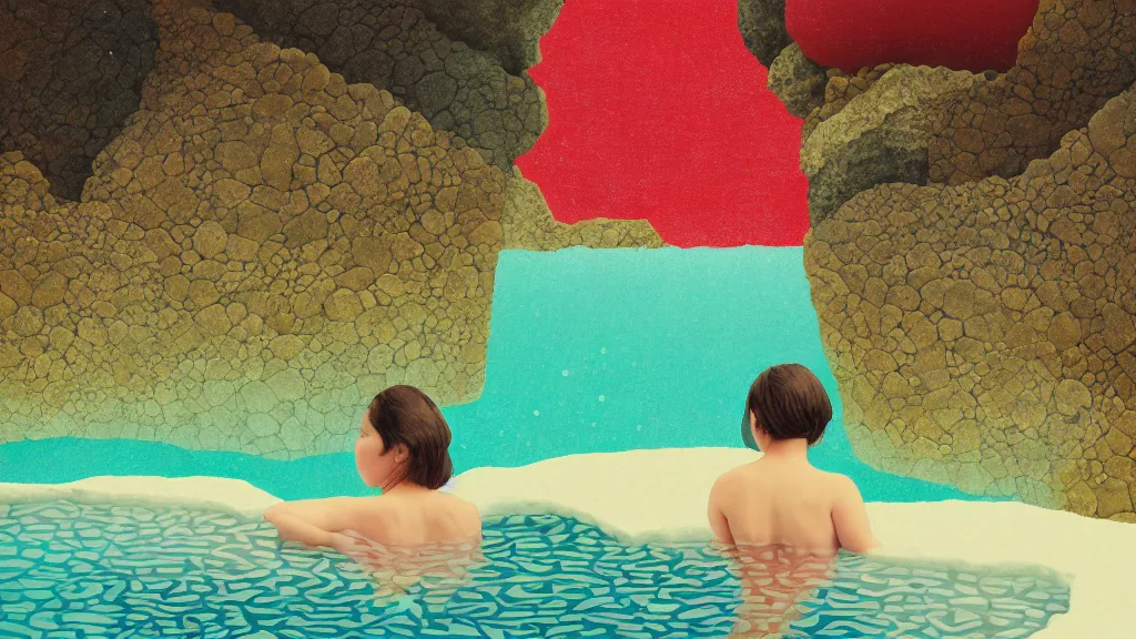 Image similar to a bather at a natural hot spring in a nook of river stones, in an epic valley, japan, a collage painting, in the style of wes anderson, lola dupre, david hockney, isolated on negative white space background dark monochrome neon spraypaint accents volumetric octane render