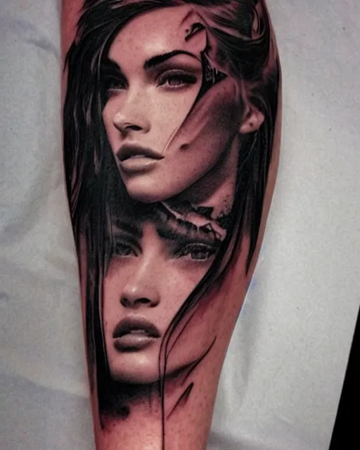 Image similar to double exposure effect tattoo sketch of a megan fox faded with a beautiful mountain scenery, surreal, in the style of matteo pasqualin, amazing detail, sharp