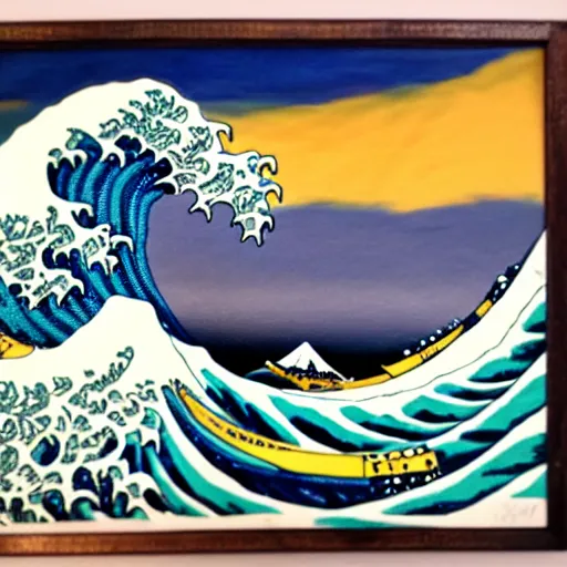 Prompt: the great wave painting made out of ramen