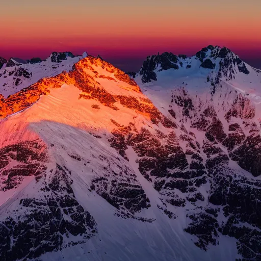 Prompt: mt titlis, at sunset, dramatic, orange and purple colours, ethereal, wide shot, bohemian, matte painting, 8 k
