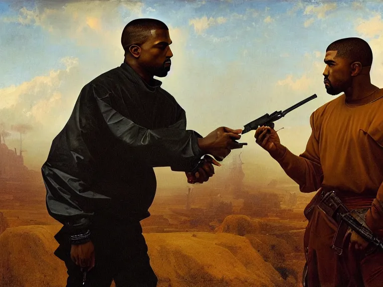 Image similar to a detailed profile oil painting of kanye west pointing a gun to pete davidson, bounty hunter portrait symmetrica, aurora lighting clouds and stars by beksinski carl spitzweg and tuomas korpi. intricate artwork by caravaggio. Trending on artstation. 8k