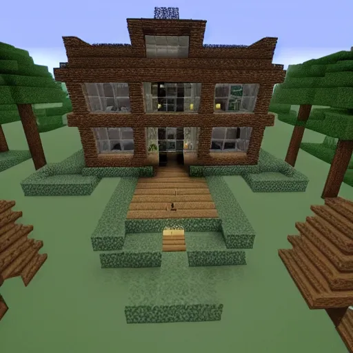 Image similar to Minecraft mansion, four stories, lit with glowstone, lots of windows