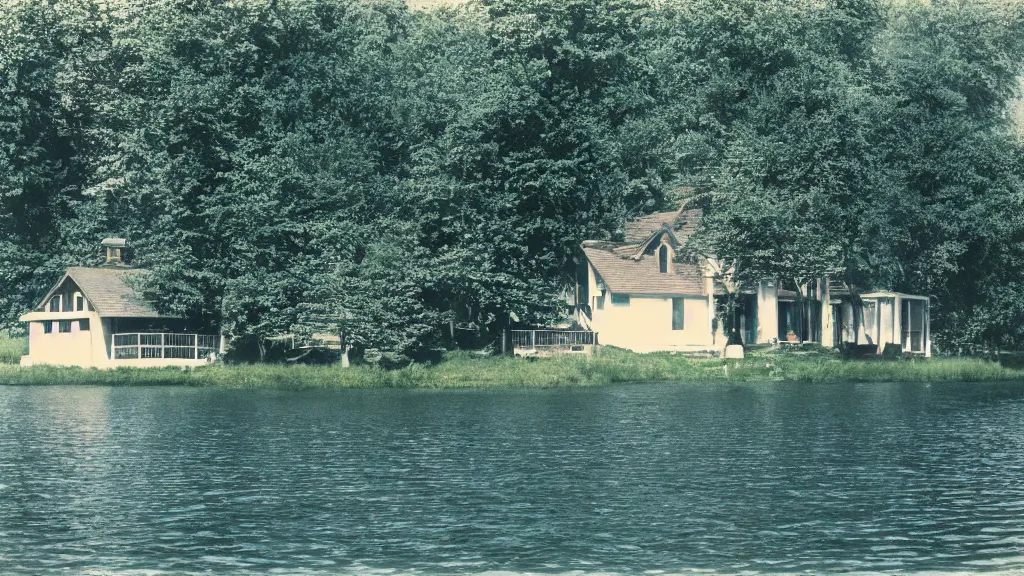 Prompt: ektachrome sample photo of a house on a lake side