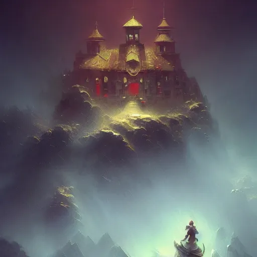 Image similar to ''cinematic shot'' a dwarf castle cyberpunk style sci - fi art syle realistic atmosferic cloudy made by ivan aivazovsky, peter mohrbacher, greg rutkowski volumetric light effect broad light oil painting painting fantasy art style sci - fi art style realism premium prints available artwork unreal engine