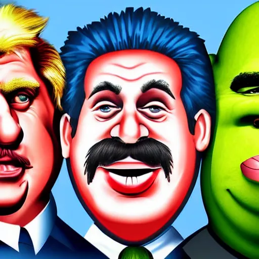 Image similar to boris johnson, stalin, shrek, joe baiden running in a spot. detailed high quality caricature