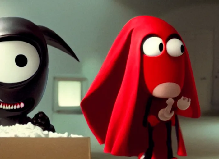 Image similar to film still of nibbler, a small black alien with a single antennae on his head, large eyes and 2 fangs wearing a diaper and red cape in the new scifi movie, 4 k