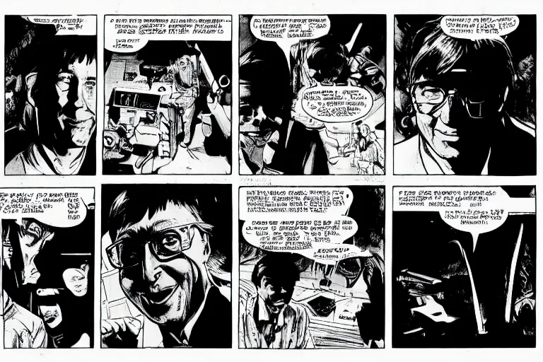 Image similar to bill gates, presenting the microsoft xbox at ces 2 0 0 1, a page from cyberpunk 2 0 2 0, style of paolo parente, style of mike jackson, adam smasher, johnny silverhand, 1 9 9 0 s comic book style, white background, ink drawing, black and white