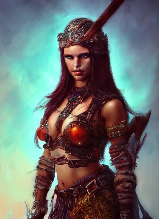 Prompt: Beautiful rave barbarian woman, portrait, fantasy, medieval, vivid colors, fantasy, elegant, concept art, sharp focus, beautiful face, digital art, burning man, Hyper-realistic, 4K, Unreal Engine, Highly Detailed, HD, Dramatic Lighting by Brom, trending on Artstation