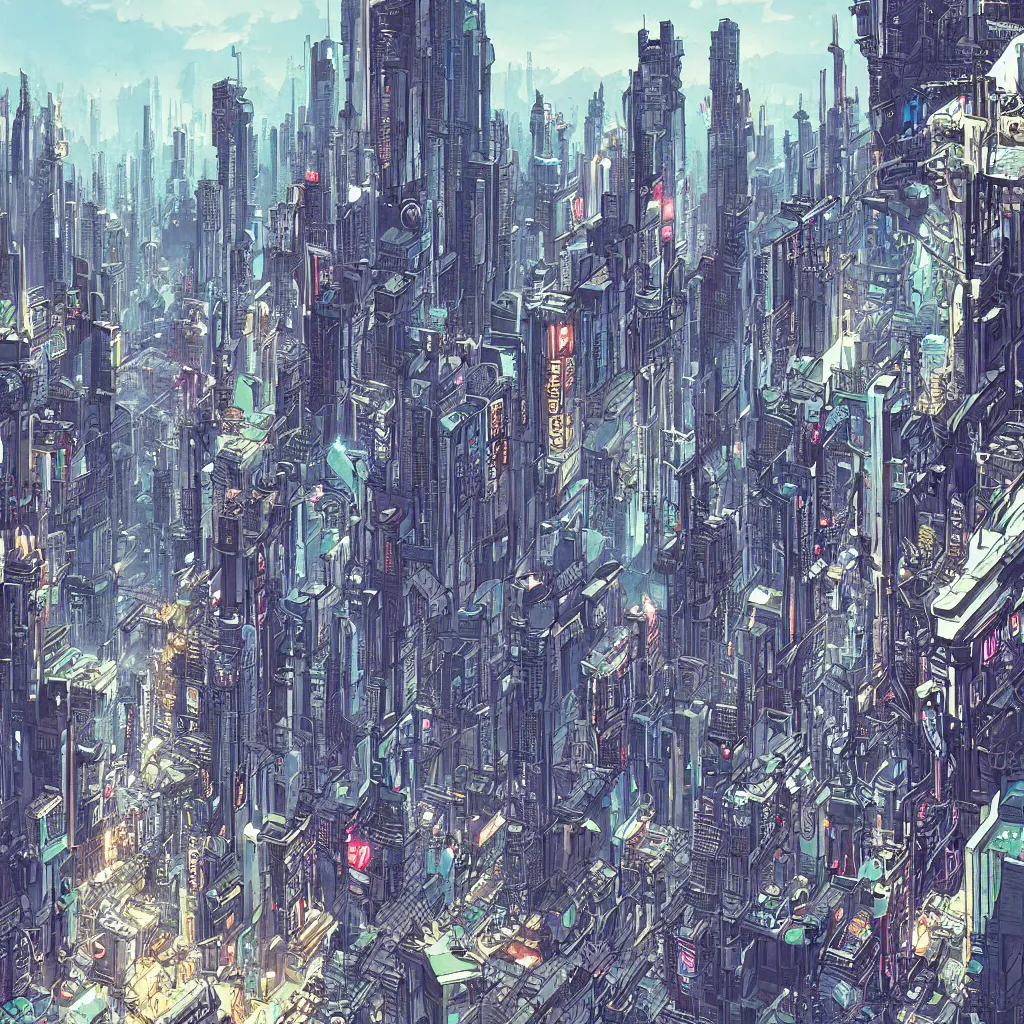 Image similar to a cyberpunk city, digital painting by moebius