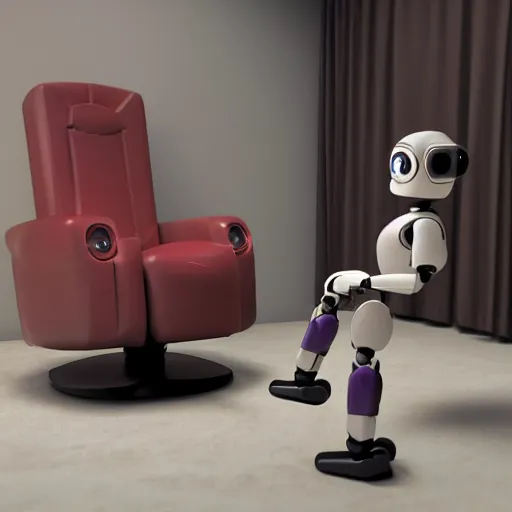 Image similar to futuristic lonely matte brown and red full-body humanoid robot with two huge round expressive sad purple glowing LED eyes and open rectangular mouth sitting on a large comfortable cushioned 1950s vintage recliner reading a newspaper. open newspaper. Cinematic Movie Photograph, Arri Alexa, Extremely Detailed, smooth, very very clean, 8K, octane render, maya render, unreal engine, trending on artstation, DSLR, excellent composition, center frame