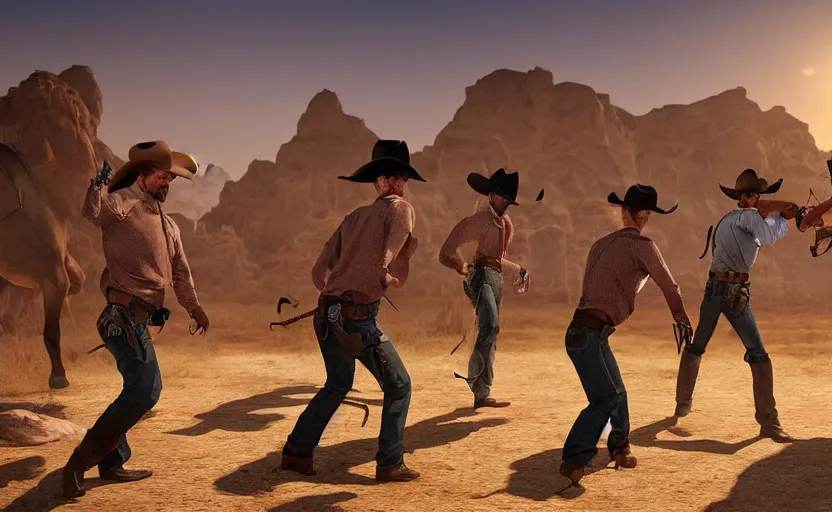 Image similar to 3 western cowboys performing a mexican standoff in a desert, epic, detailed, fantasy artwork, realistic, dynamic lighting, rtx, 4 k