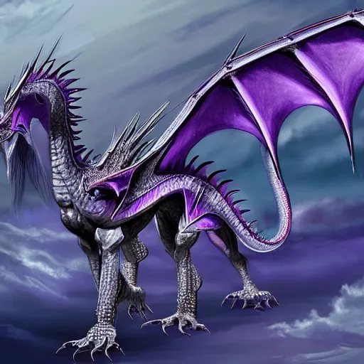 Prompt: a 128 foot tall silver western dragon with purple accents, having a 360 foot long wingspan; The scales smooth and streamlined, while jutting out at the elbows and crest and spine; two wings; long elegant tail; with 4 limbs and 4 claws on each foot; deviantart, furaffinity