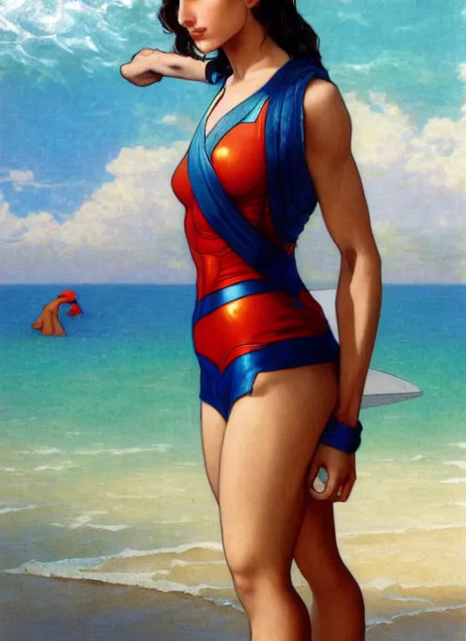 Image similar to portrait gal gadot as sea lifeguard on the beach, full length shot, shining, 8k highly detailed, sharp focus, illustration, art by artgerm, mucha, bouguereau