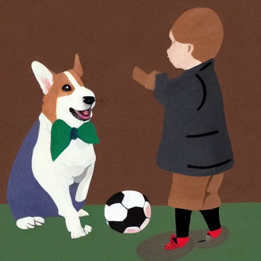 Image similar to illustration of french boy in paris playing football against a corgi, the corgi is wearing a polka dot scarf