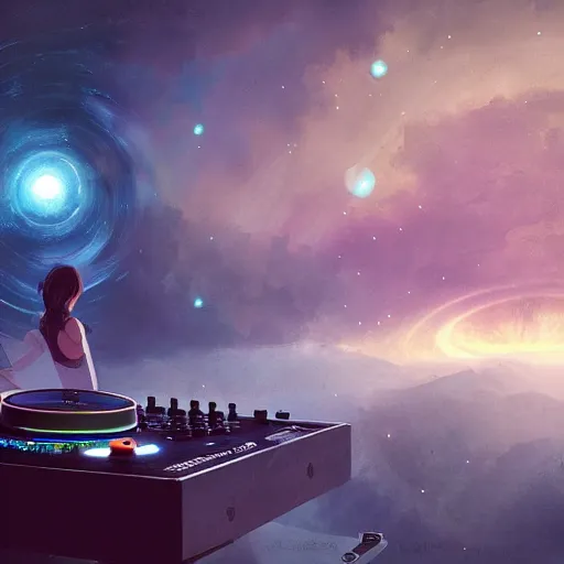 Image similar to Djing in front of the universe, digital art, trending on artstation, by Greg Rutkowski, 4K