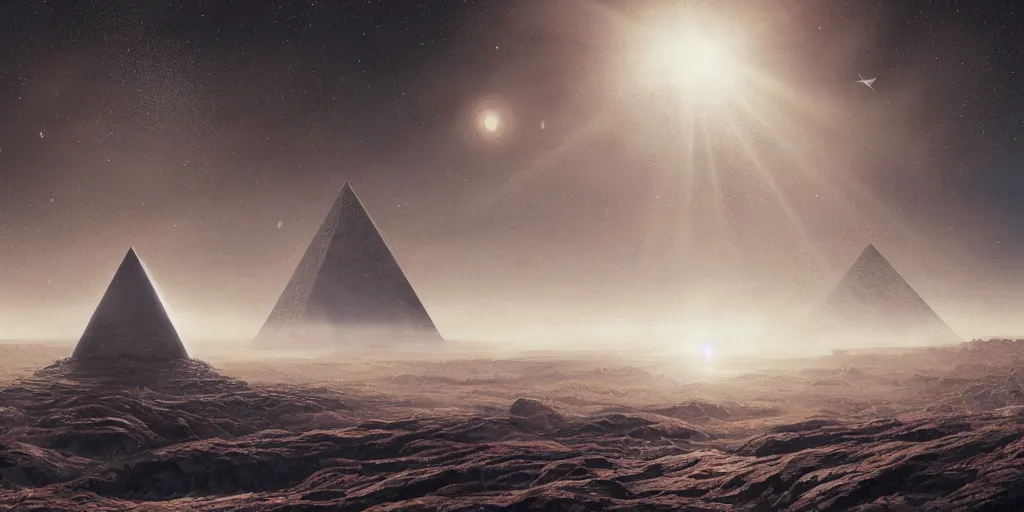 Prompt: beautiful painting of a landscape with levitating obsidian alien pyramids with by kim jakobsson, takato yamamoto, clement - auguste andrieux and santiago caruso trending on artstation sunshine rays cryengine behance hd 8 k 3 d 8 k resolution photoillustration ambient occlusion, stars with lasers, nyarlathotep by arrivabene