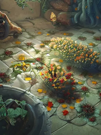 Prompt: a powerful alchemist working. weeds and flowers growing on the floor and roof. intricate, elegant, highly detailed, digital painting, artstation, concept art, sharp focus, illustration, by justin gerard and artgerm, 8 k