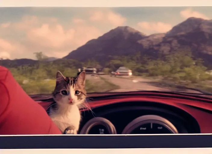 Image similar to A very high resolution image from a new movie, a cat driving a car around, inside of a car , mountains, Polaroid, directed by wes anderson