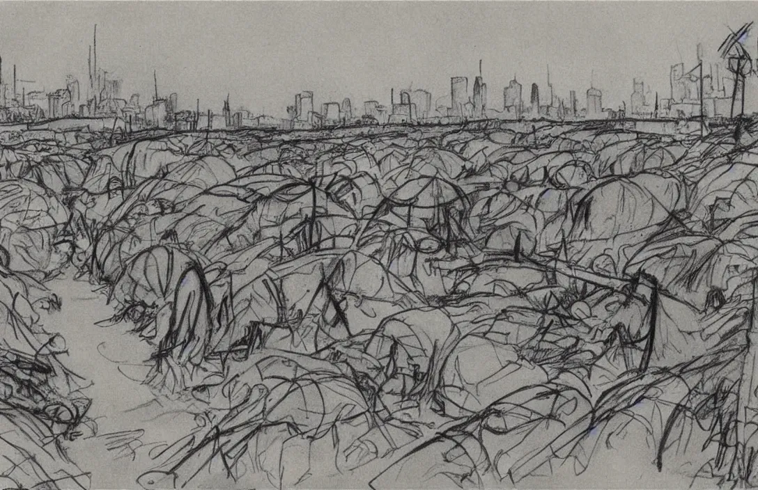 Image similar to milt kahl sketch of world war 1 trenches with the city of miami in the background