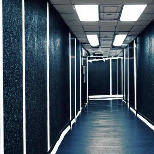 Prompt: underground lab hallways, dark blue and black, unknown location, clean, dry wall, shiny black floors, branching hallways, cinematic