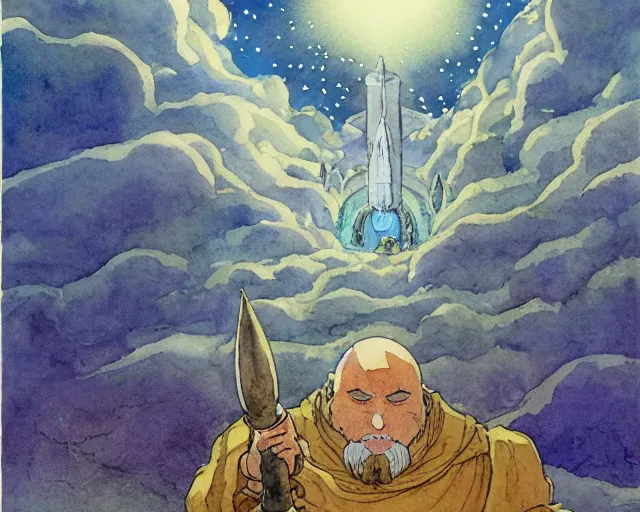 Image similar to a hyperrealist studio ghibli watercolor fantasy concept art of a giant long haired medieval monk with his heads down in lotus position in stonehenge with a starry sky in the background. a giant rocket ship from independence day ( 1 9 9 6 ) is floating in the air. by rebecca guay, michael kaluta, charles vess