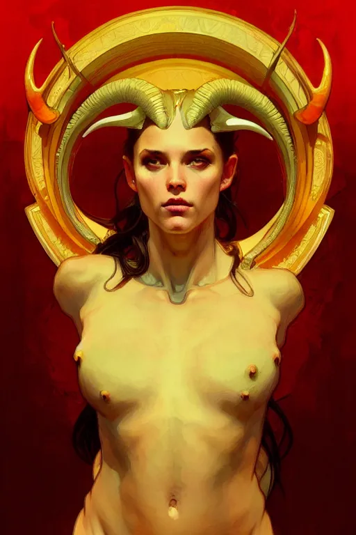 Prompt: full figure beautiful young fit antrophomorphic male ram, great horns, luminous scene, by greg rutkowski and alphonse mucha, d & d character, gradient yellow to red, in hell, highly detailed portrait, digital painting, artstation, concept art, smooth, sharp focus illustration, artstation hq
