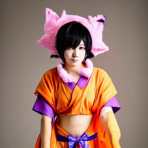 Image similar to Japanese j-pop idol dressed as kawaii female goku, cosplay, studio lighting, 4k, extremely beautiful symmetric face, aesthetic!!!