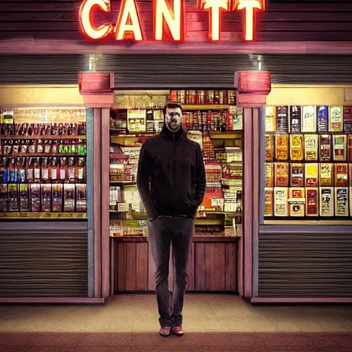 Image similar to giant gigarette with face of tired man standing in the front of tobacco store. smoke all around, ad campaign, commercial shoot, photoshoot, hyper realistic, digital painting. art station. mood lighting. skindness, highly detailed, concept art, intricate, sharp focus - h 1 2 0 0