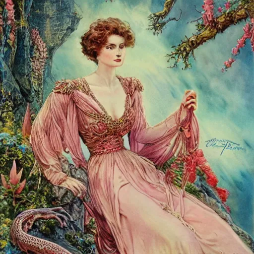 Prompt: the mother of the dragon at 9 8 years old, artwork by hans zatzka
