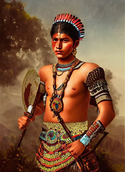 Prompt: portrait of a handsome young aztec warrior in tenochtitlan. art by manuel sanjulian and tom bagshaw and franz xaver kosler, oil on canvas, ethnographic beauty, magic realism