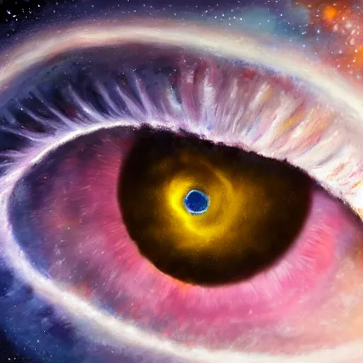 Image similar to a highly detailed photorealistic painting of the milky way galaxy reflecting off a human eye