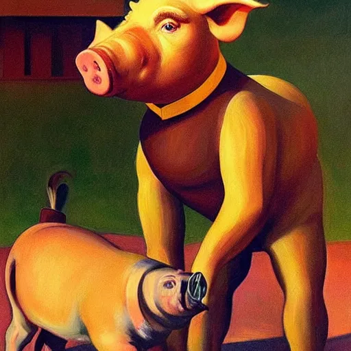 Image similar to highly detailed propaganda poster portrait of the leader of fascist hungary, viktor orban riding a pig during a traditional pig slaughter, painted by edward hopper