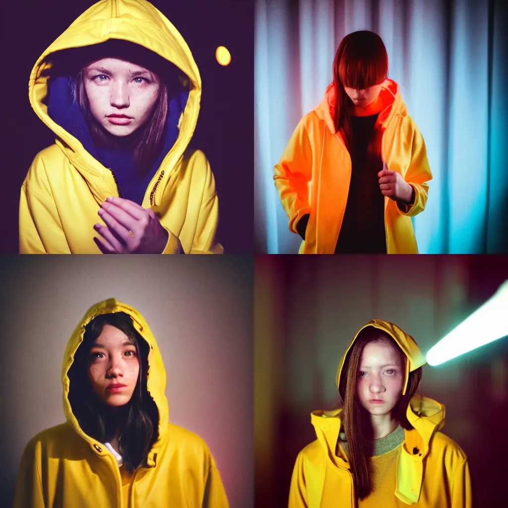 Prompt: A detailed and realistic portrait photography of a woman wearing a yellow raincoat with hoodie. Cinematic. Red neon lights and glow in the background. Lens flare. Portra 800 film.