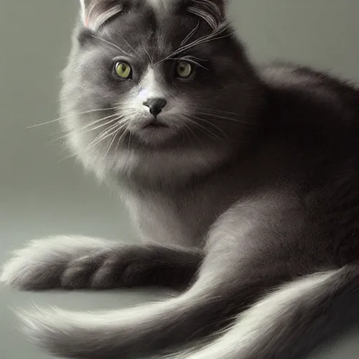 Prompt: a big bored dark gray cat with white belly, white paws and white face markings with long fur and fluffy tail sitting, intricate, elegant, highly detailed, digital painting, artstation, concept art, matte, sharp focus, illustration, art by Artgerm and Greg Rutkowski and Alphonse Mucha