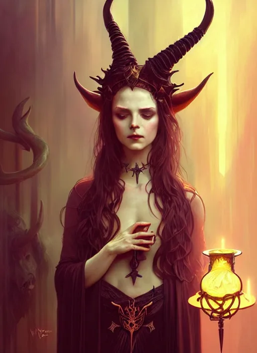 Prompt: a beautiful illustration of a satanic witch with horns in head offering a cryptic chalice, intricate, sharp focus, illustration, highly detailed, digital painting, concept art, matte, art by WLOP and Artgerm and Greg Rutkowski and Alphonse Mucha, masterpiece