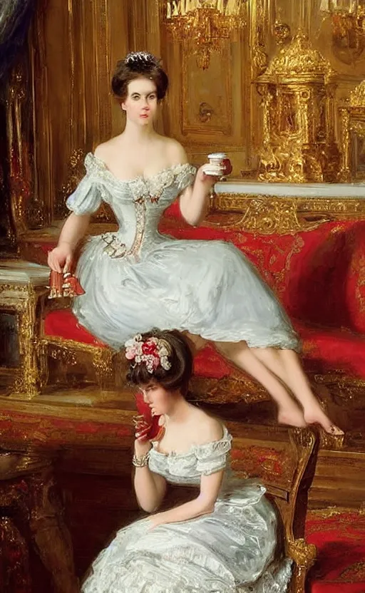 Image similar to Victorian princess drinking tea on the royal palace dining room. By Konstantin Razumov, highly detailded