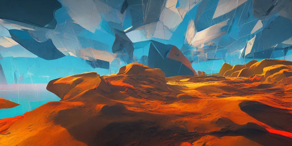 Image similar to abstract 3d landscape painting at noon by james jean and painted in no mans sky style, redshift, octane