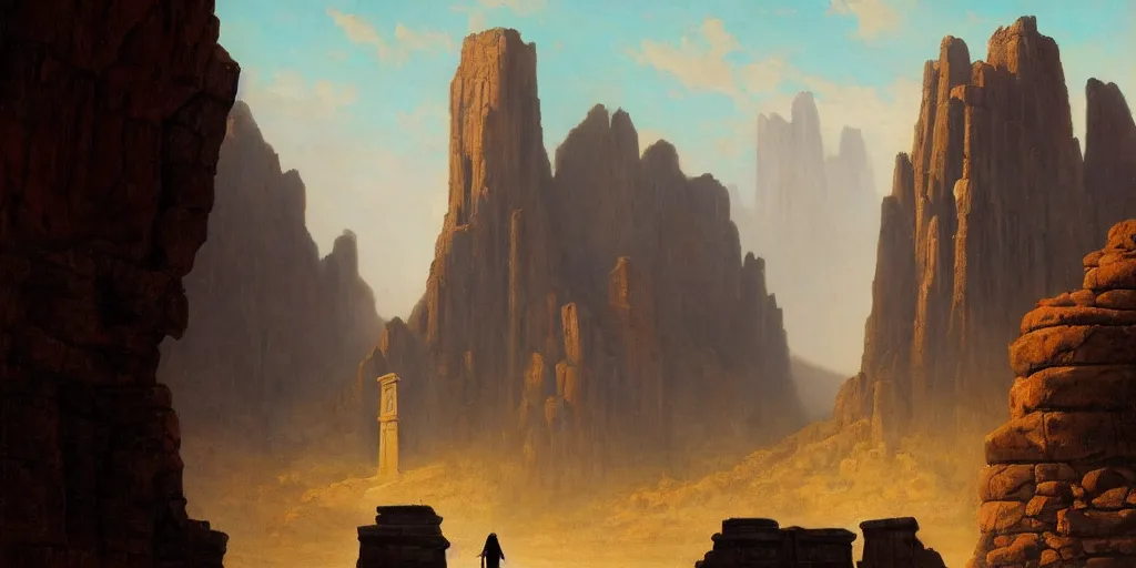 Prompt: a young girl stands next to a rock colossus, shadow of the colossus, in front of a temple, in a large desert cave, dramatic lighting, hudson river school