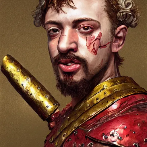 Image similar to Sam Hyde as a Roman warrior wearing gold and red armor, elegant suit, looking at bloody fist, portrait art by James Jean, highly detailed, digital painting, concept art, illustration, dim lighting with twilight rays of sunlight, trending on artstation, very detailed, smooth, sharp focus, octane render, close up