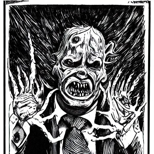 Image similar to a Pop Wonder scary horror themed goofy-hilarious-swamp-bog-monster-spaced-out-dead-head-with-space-in-his-oraphus, 3-piece-suit, dime-store-comic drawn with charcoal and pen and ink, half-tone-line-stacking