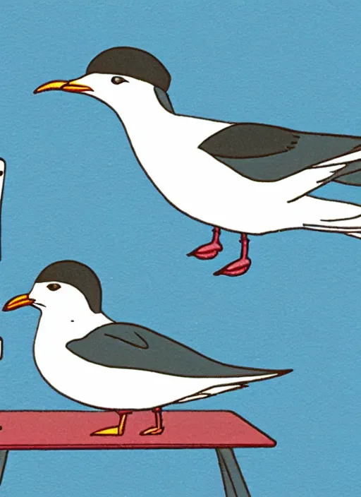 Prompt: arctic tern and seagull with headphones on their heads in front of a microphone recording a podcast in the studio, illustration, 8 k, art by by kawase hasui