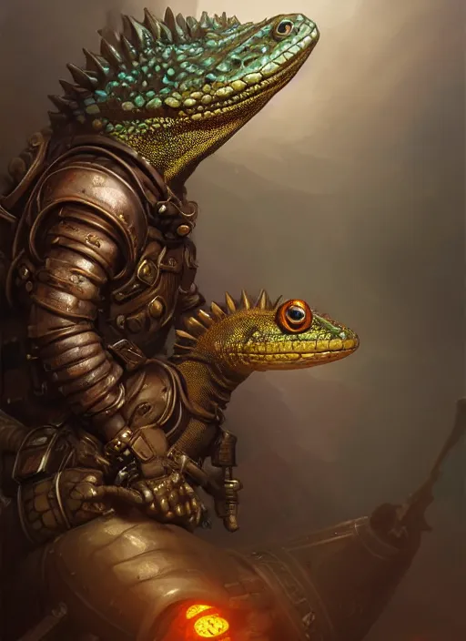 Prompt: subsurface scattering, steampunk lizard paladin, by jesper ejsing, justin gerard, tomasz alen kopera, cgsociety and fenghua zhong, highly detailed, rim light, cinematic lighting, illustration, art, octane render, very coherent, cinematic, hyper realism, high detail, octane render, 8 k