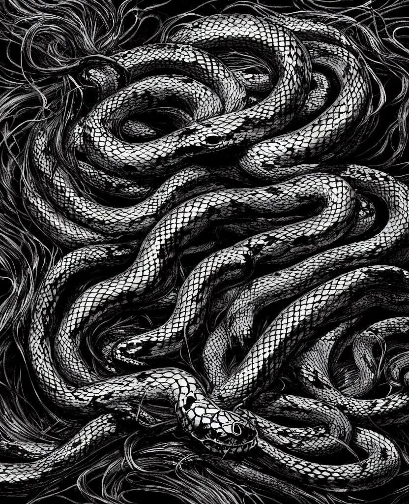 Prompt: a painting of scary snakes made of black colored fire, dark colors, sinister atmosphere, dramatic lighting, cinematic, establishing shot, extremely high detail, photo realistic, cinematic lighting, pen and ink, intricate line drawings, by Yoshitaka Amano, Ruan Jia, Kentaro Miura, Artgerm, post processed, concept art, artstation, matte painting, style by eddie mendoza, raphael lacoste, alex ross,