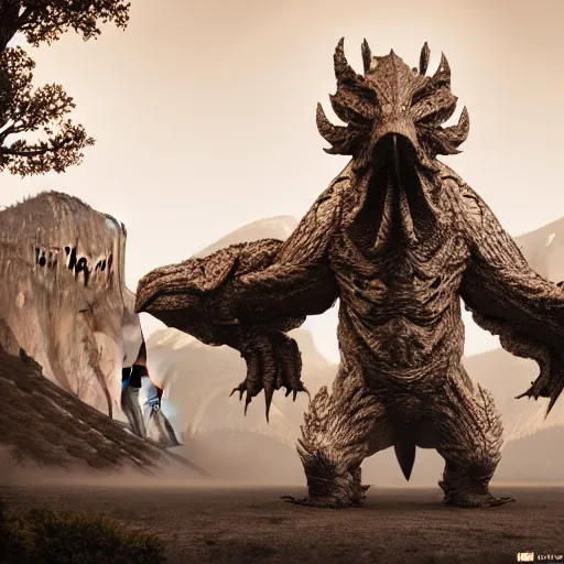 Image similar to evil steel chicken kaiju at yosemite, epic scale, hyper detailed, photorealistic, octane render, trending at cgstation, rule of thirds, 8 k.