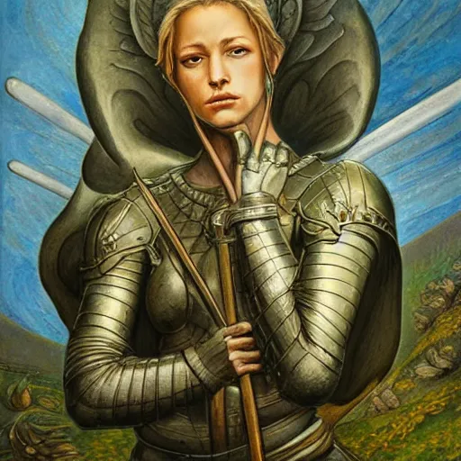 Prompt: jeanne d'arc in the style of william blake, terese nielsen, detailed, intricate, beautiful faces, steve argyle, pastoral fantastic reality