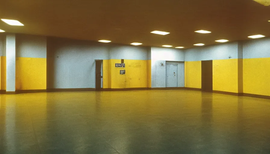 Image similar to 60s movie still of a sovietic stalinist style empty hall with yellow tiles and non-separate toilets, cinestill 800t 50mm eastmancolor, liminal Space style, heavy grain-s 150