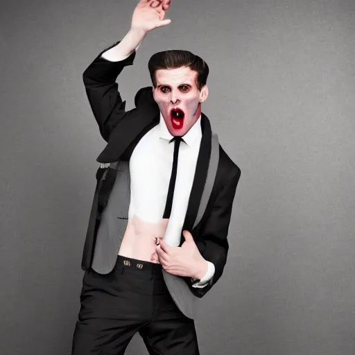 Prompt: a male model showcasing a three piece suit inspired by edvard munch's the scream. studio lighting